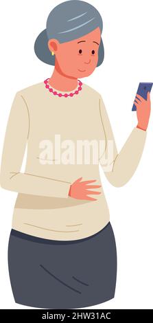 Donna anziana con smarthone. Senior che utilizza il telefono cellulare isolato su sfondo bianco Illustrazione Vettoriale