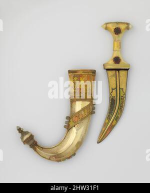 Arte ispirata a Dagger (Jambiya) con scabbard e custodia montata, 1876–1909, arabo, Medina, acciaio, Argento, legno, tessuto, oro, L. di pugnale con scabbard 12 3/4 poll. (32,4 cm); peso di pugnale con scabbardo (642,0 g); pugnale: L. 11 1/16" (28,1 cm); L. della lama da 6 3/4" (17,2, opere classiche modernizzate da Artotop con un tuffo di modernità. Forme, colore e valore, impatto visivo accattivante sulle emozioni artistiche attraverso la libertà delle opere d'arte in modo contemporaneo. Un messaggio senza tempo che persegue una nuova direzione selvaggiamente creativa. Artisti che si rivolgono al supporto digitale e creano l'NFT Artotop Foto Stock