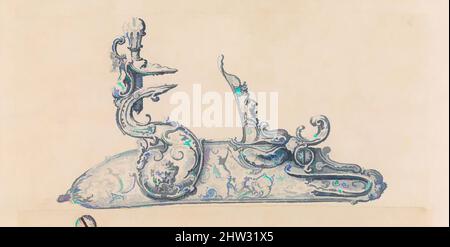 Arte ispirata dal disegno da uno Scrapbook ornamento: Un Flintlock Gun Lock, 18th secolo, probabilmente francese, penna, inchiostro blu, e lavaggio blu, 7 9/16 x 3 5/8 poll. (19,2 x 9,2 cm), opere su carta-disegni, opere classiche modernizzate da Artotop con un tuffo di modernità. Forme, colore e valore, impatto visivo accattivante sulle emozioni artistiche attraverso la libertà delle opere d'arte in modo contemporaneo. Un messaggio senza tempo che persegue una nuova direzione selvaggiamente creativa. Artisti che si rivolgono al supporto digitale e creano l'NFT Artotop Foto Stock