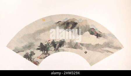 Arte ispirata da 清 汪廷儒 山水 扇頁, Paesaggio, dinastia Qing (1644-1911), 19th secolo, Cina, Ventola pieghevole montata come copertina dell'album; inchiostro e colore su carta dorata, 6 1/8 x 20 5/8 pollici (15,6 x 52,4 cm), dipinti, Wang Tingru (cinese, 1804–1852), Wang fu un vero e proprio studioso di opere classiche modernizzate da Artotop con un tuffo di modernità. Forme, colore e valore, impatto visivo accattivante sulle emozioni artistiche attraverso la libertà delle opere d'arte in modo contemporaneo. Un messaggio senza tempo che persegue una nuova direzione selvaggiamente creativa. Artisti che si rivolgono al supporto digitale e creano l'NFT Artotop Foto Stock