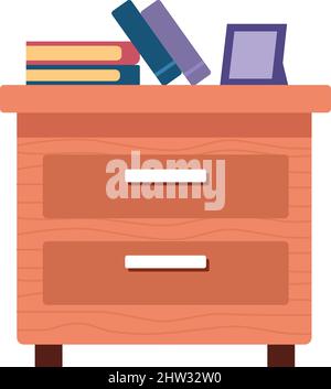 Comodino in legno con due cassetti e mazzo di libri sulla parte superiore isolato su sfondo bianco Illustrazione Vettoriale