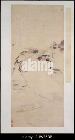 Arte ispirata da 清 倣梅清 響山泛舟圖 軸, Boating Behsotto Echo Hill, dinastia Qing (1644–1911), databile a 1673, Cina, Hanging scroll; Inchiostro su carta, immagine: 53 x 23 1/4 pollici (134,6 x 59,1 cm), dipinti, dopo Mei Qing (cinese, 1623-1697), Mei Qing è nato in una famiglia di spicco a Xuancheng, opere classiche modernizzate da Artotop con un tuffo di modernità. Forme, colore e valore, impatto visivo accattivante sulle emozioni artistiche attraverso la libertà delle opere d'arte in modo contemporaneo. Un messaggio senza tempo che persegue una nuova direzione selvaggiamente creativa. Artisti che si rivolgono al supporto digitale e creano l'NFT Artotop Foto Stock