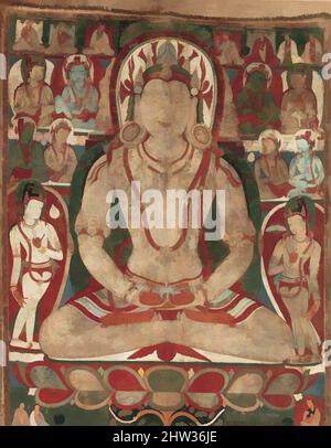 Arte ispirata dal Buddha Amitayus frequentato da Bodhisattvas, 11th o inizio 12th secolo, Tibet, Distemper su stoffa, totale: 54 1/2 x 41 3/4 pollici. (138,4 x 106,1 cm), dipinti, il culto di Amitayus, il Buddha della vita eterna, era popolare in Tibet, dove i suoi seguaci credevano che, opere classiche modernizzate da Artotop con un tuffo di modernità. Forme, colore e valore, impatto visivo accattivante sulle emozioni artistiche attraverso la libertà delle opere d'arte in modo contemporaneo. Un messaggio senza tempo che persegue una nuova direzione selvaggiamente creativa. Artisti che si rivolgono al supporto digitale e creano l'NFT Artotop Foto Stock