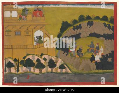 Art Inspired by Rama lancia il demone Spies Shuka e Sarana: Folio di un Ramayana 'Siege of Lanka' Series, ca. 1725, India (Guler, Himachal Pradesh), acquerello opaco, inchiostro e oro su carta, pagina: 23 1/2 x 32 3/4 pollici (59,7 x 83,2 cm), dipinti, attribuiti a Manaku (ca attiva, opere classiche modernizzate da Artotop con un tuffo di modernità. Forme, colore e valore, impatto visivo accattivante sulle emozioni artistiche attraverso la libertà delle opere d'arte in modo contemporaneo. Un messaggio senza tempo che persegue una nuova direzione selvaggiamente creativa. Artisti che si rivolgono al supporto digitale e creano l'NFT Artotop Foto Stock