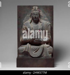 Arte ispirata da Bodhisattva Maitreya seduto (Buddha del futuro), 7th–8th secolo, Afghanistan (trovato vicino a Kabul), scista, H. 30 5/8 in. (77,8 cm), scultura, questa scultura è un prodotto dell'ultimo periodo della produzione Gandharan maggiore. È stilisticamente legato a Shahi, opere classiche modernizzate da Artotop con un tuffo di modernità. Forme, colore e valore, impatto visivo accattivante sulle emozioni artistiche attraverso la libertà delle opere d'arte in modo contemporaneo. Un messaggio senza tempo che persegue una nuova direzione selvaggiamente creativa. Artisti che si rivolgono al supporto digitale e creano l'NFT Artotop Foto Stock