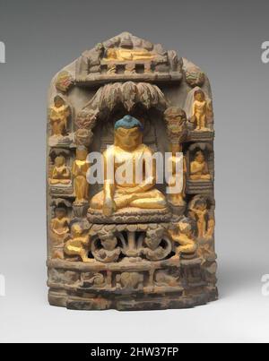 Arte ispirata a Stele con scene della vita del Buddha, periodo pagano, 11th–12th secolo, Birmania, pietra, H. 5 poll. (12,7 cm), scultura, opere classiche modernizzate da Artotop con un tuffo di modernità. Forme, colore e valore, impatto visivo accattivante sulle emozioni artistiche attraverso la libertà delle opere d'arte in modo contemporaneo. Un messaggio senza tempo che persegue una nuova direzione selvaggiamente creativa. Artisti che si rivolgono al supporto digitale e creano l'NFT Artotop Foto Stock