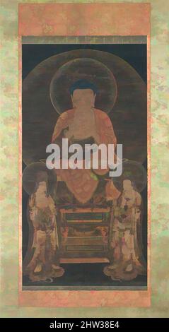 Arte ispirata a 아미타삼존도 고려, 阿彌陀三尊圖 高麗, triade Amitabha, dinastia Goryeo (918-1392), ca. 13th Century, Korea, Hanging scroll; inchiostro, colore e oro su seta, immagine: 45 1/4 x 23 1/4 pollici (114,9 x 59,1 cm), dipinti, artista non identificato, il Buddha Amitabha (coreano: AMITA) era il fulcro di, opere classiche modernizzate da Artotop con un tuffo di modernità. Forme, colore e valore, impatto visivo accattivante sulle emozioni artistiche attraverso la libertà delle opere d'arte in modo contemporaneo. Un messaggio senza tempo che persegue una nuova direzione selvaggiamente creativa. Artisti che si rivolgono al supporto digitale e creano l'NFT Artotop Foto Stock