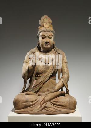 Arte ispirata da 北宋 彩繪木雕觀音菩薩像（地黃木胎）, Bodhisattva Avalokiteshvara (Guanyin), forse dinastia del nord della canzone (960–1127), fine 10th–inizio 11th secolo, Cina, legno (foxglove) con pigmenti, doratura, quarzo e carnelia; costruzione di blocco di legno singolo, H. 37 poll. (94 cm); W. 24" (61 cm, opere classiche modernizzate da Artotop con un tuffo di modernità. Forme, colore e valore, impatto visivo accattivante sulle emozioni artistiche attraverso la libertà delle opere d'arte in modo contemporaneo. Un messaggio senza tempo che persegue una nuova direzione selvaggiamente creativa. Artisti che si rivolgono al supporto digitale e creano l'NFT Artotop Foto Stock