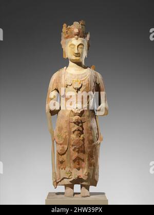 Arte ispirata a 北齊 彩繪石雕觀音菩薩像（砂岩）, Bodhisattva, probabilmente Avalokiteshvara (Guanyin), dinastia Qi settentrionale (550–577), ca. 550–560, Cina, arenaria con pigmento, H. 13 ft. 9 poll. (419,1 cm); H. con base 14 piedi 9 poll. (449,6 cm), scultura, sculture in grande scala di bodhisattvas indossare, opere classiche modernizzate da Artotop con un tuffo di modernità. Forme, colore e valore, impatto visivo accattivante sulle emozioni artistiche attraverso la libertà delle opere d'arte in modo contemporaneo. Un messaggio senza tempo che persegue una nuova direzione selvaggiamente creativa. Artisti che si rivolgono al supporto digitale e creano l'NFT Artotop Foto Stock