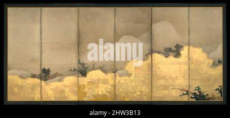 Arte ispirata da scene delle otto viste dei fiumi Xiao e Xiang, periodo Edo (1615–1868), 17th secolo, Giappone, coppia di schermi a sei pannelli; inchiostro e oro su carta, totale (ogni schermo): 67 1/2 x 147 pollici (171,5 x 373,4 cm), schermi, Unkoku Tōeki (1591–1644), questo paio di schermi, opere classiche modernizzate da Artotop con un tuffo di modernità. Forme, colore e valore, impatto visivo accattivante sulle emozioni artistiche attraverso la libertà delle opere d'arte in modo contemporaneo. Un messaggio senza tempo che persegue una nuova direzione selvaggiamente creativa. Artisti che si rivolgono al supporto digitale e creano l'NFT Artotop Foto Stock