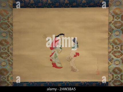 Arte ispirata da Donna e Attendant, periodo Edo (1615-1868), 18th secolo, Giappone, Hanging scroll; Inchiostro e colore su seta, immagine: 11 1/4 x 14 3/4 pollici (28,6 x 37,5 cm), dipinti, Nishikawa Sukenobu (giapponese, 1671–1750, opere classiche modernizzate da Artotop con un tuffo di modernità. Forme, colore e valore, impatto visivo accattivante sulle emozioni artistiche attraverso la libertà delle opere d'arte in modo contemporaneo. Un messaggio senza tempo che persegue una nuova direzione selvaggiamente creativa. Artisti che si rivolgono al supporto digitale e creano l'NFT Artotop Foto Stock