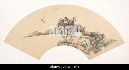 Arte ispirata dal paesaggio nello stile di Ni Zan, dinastia Qing (1644–1911), 18th secolo o più tardi, data spuria del 1715, Cina, ventola pieghevole montato come una foglia album; inchiostro su carta, 6 1/2 x 19 1/2 pollici. (16,5 x 49,5 cm), dipinti, artista non identificato, dopo Wang Yuanqi (cinese, 1642–1715, opere classiche modernizzate da Artotop con un tuffo di modernità. Forme, colore e valore, impatto visivo accattivante sulle emozioni artistiche attraverso la libertà delle opere d'arte in modo contemporaneo. Un messaggio senza tempo che persegue una nuova direzione selvaggiamente creativa. Artisti che si rivolgono al supporto digitale e creano l'NFT Artotop Foto Stock