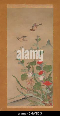 Arte ispirata a 夏秋花鳥図, Uccelli e Fiori d'estate e d'autunno, periodo Muromachi (1392–1573), metà del 16th secolo, Giappone, coppia di rotoli appesi; inchiostro e colore su carta, immagine (a): 37 11/16 x 17 5/8 pollici. (95,8 x 44,8 cm), dipinti, Shikibu Terutada (giapponese, attivo a metà del 16th secolo), il, Opere classiche modernizzate da Artotop con un tocco di modernità. Forme, colore e valore, impatto visivo accattivante sulle emozioni artistiche attraverso la libertà delle opere d'arte in modo contemporaneo. Un messaggio senza tempo che persegue una nuova direzione selvaggiamente creativa. Artisti che si rivolgono al supporto digitale e creano l'NFT Artotop Foto Stock