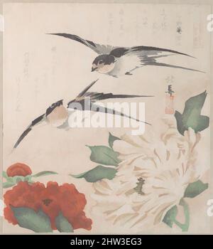 Art Inspired by Spring Rain Collection (Harusame shū), vol. 3: Swallows and Peonies, 摺物帖 『春雨集』 『花鳥六番之内 下野宇都宮』 牡丹に燕, Edo Period (1615–1868), ca. 1820, Giappone, stampe a blocchi di legno pubblicate privatamente (surimono) montate in un album; inchiostro e colore su carta, 8 1/4 x 7 1/16 pollici (21 x 17,9 cm, opere classiche modernizzate da Artotop con un tuffo di modernità. Forme, colore e valore, impatto visivo accattivante sulle emozioni artistiche attraverso la libertà delle opere d'arte in modo contemporaneo. Un messaggio senza tempo che persegue una nuova direzione selvaggiamente creativa. Artisti che si rivolgono al supporto digitale e creano l'NFT Artotop Foto Stock