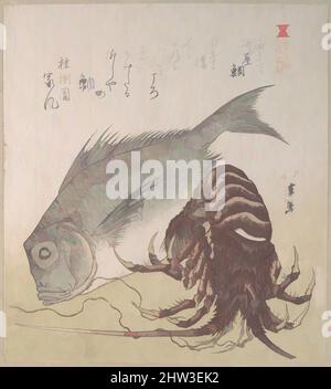 Arte ispirata a Tai Fish and Lobster; specialità di Yanagiya a Odawara-cho, Edo period (1615–1868), 19th Century, Giappone, parte di un album di stampe a blocchi di legno (surimono); inchiostro e colore su carta, 8 1/8 x 7 1/4 pollici. (20,6 x 18,4 cm), stampe, Totoya Hokkei (giapponese, 1780–1850, opere classiche modernizzate da Artotop con un tuffo di modernità. Forme, colore e valore, impatto visivo accattivante sulle emozioni artistiche attraverso la libertà delle opere d'arte in modo contemporaneo. Un messaggio senza tempo che persegue una nuova direzione selvaggiamente creativa. Artisti che si rivolgono al supporto digitale e creano l'NFT Artotop Foto Stock