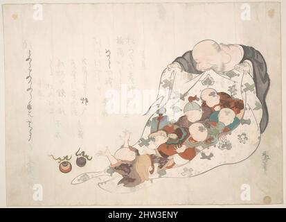 Arte ispirata da Hotei aprire la sua borsa che è piena di piccoli ragazzi, Edo periodo (1615–1868), Giappone, Polychrome woodblock print (surimono); inchiostro e colore su carta, 7 3/16 x 10 3/4 pollici. (18,3 x 27,3 cm), Prints, Kita Busei (Giapponese, 1776–1856, opere classiche modernizzate da Artotop con un tuffo di modernità. Forme, colore e valore, impatto visivo accattivante sulle emozioni artistiche attraverso la libertà delle opere d'arte in modo contemporaneo. Un messaggio senza tempo che persegue una nuova direzione selvaggiamente creativa. Artisti che si rivolgono al supporto digitale e creano l'NFT Artotop Foto Stock