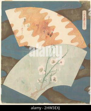 Arte ispirata a due Fan Designs: Plum Blossom and Wave, Edo Period (1615–1868), Japan, Polychrome woodblock print (surimono); inchiostro e colore su carta, 8 5/16 x 7 3/16 poll. (21,1 x 18,3 cm), stampe, Totoya Hokkei (giapponese, 1780–1850), su ogni foglio di questo set sono due ventilatori contro a, opere classiche modernizzate da Artotop con un tuffo di modernità. Forme, colore e valore, impatto visivo accattivante sulle emozioni artistiche attraverso la libertà delle opere d'arte in modo contemporaneo. Un messaggio senza tempo che persegue una nuova direzione selvaggiamente creativa. Artisti che si rivolgono al supporto digitale e creano l'NFT Artotop Foto Stock