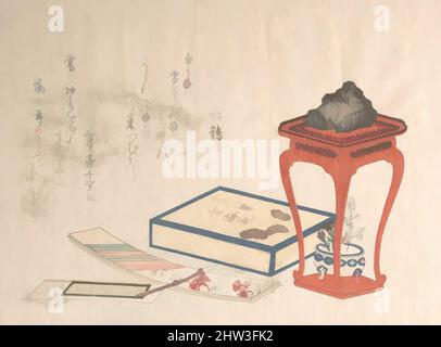 Art Inspired by Stand, Box and Writing-Paper, Edo Period (1615–1868), probabilmente 1816, Giappone, Stampa in blocco di legno policromo (surimono); inchiostro e colore su carta, 5 1/2 x 7 3/8 pollici (14 x 18,7 cm), stampe, Ryūryūkyo Shinsai (giapponese, attivo ca. 1799–1823, opere classiche modernizzate da Artotop con un tocco di modernità. Forme, colore e valore, impatto visivo accattivante sulle emozioni artistiche attraverso la libertà delle opere d'arte in modo contemporaneo. Un messaggio senza tempo che persegue una nuova direzione selvaggiamente creativa. Artisti che si rivolgono al supporto digitale e creano l'NFT Artotop Foto Stock