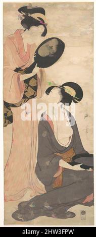 Arte ispirata da due Signore, ognuna con una porzione di uno specchio laccato, Edo Period (1615-1868), 1790s, Giappone, stampa in blocco di legno policromo; Inchiostro e colore su carta, H. 18 5/8 pollici (47,3 cm); W. 7 5/8" (19,4 cm), stampe, Kitagawa Utamaro (giapponese, 1753?–1806), Utamaro usato selettivamente, Opere classiche modernizzate da Artotop con un tocco di modernità. Forme, colore e valore, impatto visivo accattivante sulle emozioni artistiche attraverso la libertà delle opere d'arte in modo contemporaneo. Un messaggio senza tempo che persegue una nuova direzione selvaggiamente creativa. Artisti che si rivolgono al supporto digitale e creano l'NFT Artotop Foto Stock