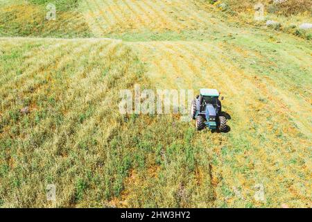 Vista aerea, il trattore rasa l'erba per l'agricoltura, l'alimentazione del bestiame nei campi, prati, colline. Foto Stock