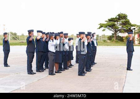 A piena attenzione. Fucilato di un gruppo di forze armate che saluta. Foto Stock