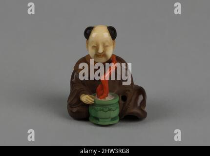 Arte ispirata da Netsuke dell'uomo seduto con un vaso di fiori, 19th secolo, Giappone, legno e avorio, H. 1 1/4 poll. (3,2 cm); W. 1 1/8" (2,9 cm0; D. 1 1/8 poll. (2,9 cm), Netsuke, opere classiche modernizzate da Artotop con un tuffo di modernità. Forme, colore e valore, impatto visivo accattivante sulle emozioni artistiche attraverso la libertà delle opere d'arte in modo contemporaneo. Un messaggio senza tempo che persegue una nuova direzione selvaggiamente creativa. Artisti che si rivolgono al supporto digitale e creano l'NFT Artotop Foto Stock