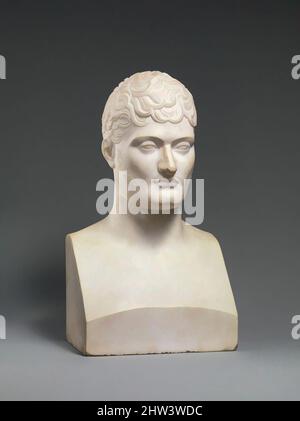 Arte ispirata a Jérôme Bonaparte (1784–1860), 1810–13, francese, marmo di Carrara, altezza: 21 1/2 cm (54,6 cm), scultura, dopo un originale del barone Francesco Giuseppe Bosio (francese, 1768–1845), questo ritratto del fratello di Napoleone, designato re di Westfalia, è uno di un certo numero di busti, opere classiche modernizzate da Artotop con un tuffo di modernità. Forme, colore e valore, impatto visivo accattivante sulle emozioni artistiche attraverso la libertà delle opere d'arte in modo contemporaneo. Un messaggio senza tempo che persegue una nuova direzione selvaggiamente creativa. Artisti che si rivolgono al supporto digitale e creano l'NFT Artotop Foto Stock