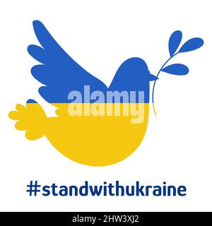 Silhouette Pigeon con bandiera Ucraina di colore blu e giallo. Colomba di pace. Stare con l'Ucraina. Supporto concetto art. Stop war sign Illustrazione Vettoriale