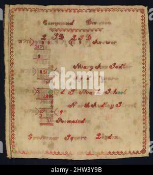 Arte ispirata da Sampler con equazione di divisione composta, metà del 19th secolo, britannico, Londra, ricamo della seta su lana, H. 6 3/8 x W. 6 3/4 pollici (16,2 x 17,1 cm), tessuti-ricamati, potremmo non sapere mai che cosa ha ispirato Mary Ann Sadler di nove anni per convertire la sua equazione matematica in, Opere classiche modernizzate da Artotop con un tocco di modernità. Forme, colore e valore, impatto visivo accattivante sulle emozioni artistiche attraverso la libertà delle opere d'arte in modo contemporaneo. Un messaggio senza tempo che persegue una nuova direzione selvaggiamente creativa. Artisti che si rivolgono al supporto digitale e creano l'NFT Artotop Foto Stock