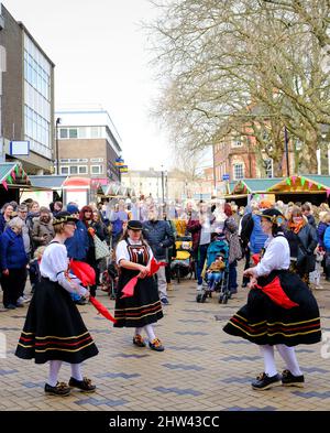 Musicisti e ballerini celebrano il festival annuale del rabarbaro di Wakefield. Foto Stock