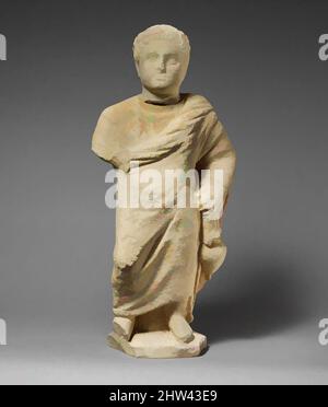 Arte ispirata da statuette calcaree di un ragazzo che tiene un anfora, ellenistico, fine 4th secolo-fine 1st secolo a.C., cipriota, calcare, totale: 21 x 8 x 4 pollici. (53,3 x 20,3 x 10,2 cm), scultura in pietra, figura maschile che tiene vaso in mano sinistra, opere classiche modernizzate da Artotop con un tuffo di modernità. Forme, colore e valore, impatto visivo accattivante sulle emozioni artistiche attraverso la libertà delle opere d'arte in modo contemporaneo. Un messaggio senza tempo che persegue una nuova direzione selvaggiamente creativa. Artisti che si rivolgono al supporto digitale e creano l'NFT Artotop Foto Stock