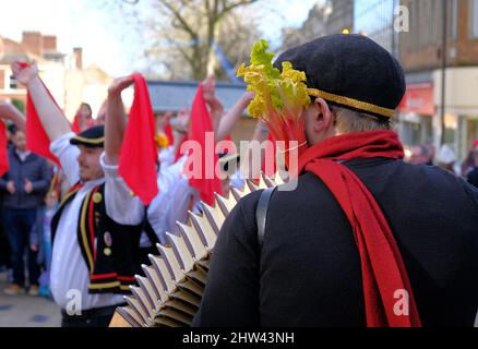 Musicisti e ballerini celebrano il festival annuale del rabarbaro di Wakefield. Foto Stock