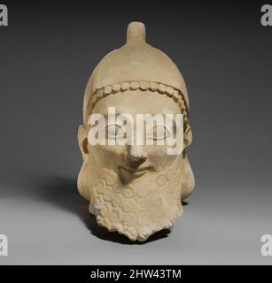 Arte ispirata dalla testa calcarea di un maschio portatore che indossa un casco conico, Archaic, 6th–5th secolo a.C., cipriota, calcare, H.: 14 1/2 x 9 x 10 3/4 poll. (36,8 x 22,9 x 27,3 cm), scultura di pietra, la barba, spezzata intorno al bordo inferiore, è divisa in file di grandi trefoli arricciati. Egli, opere classiche modernizzate da Artotop con un tuffo di modernità. Forme, colore e valore, impatto visivo accattivante sulle emozioni artistiche attraverso la libertà delle opere d'arte in modo contemporaneo. Un messaggio senza tempo che persegue una nuova direzione selvaggiamente creativa. Artisti che si rivolgono al supporto digitale e creano l'NFT Artotop Foto Stock