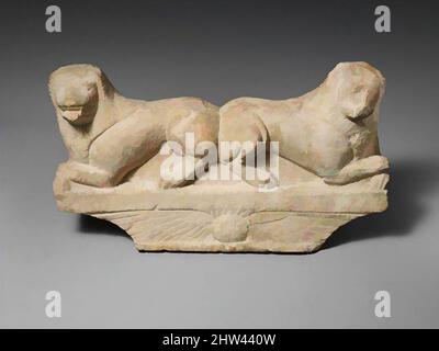 Arte ispirata dal calcare finale di una stele funeraria con due leoni recumbent, Archaic, fine 6th o inizio 5th secolo a.C., cipriota, calcare, totale: 13 1/4 x 24 1/2 x 7 pollici. (33,7 x 62,2 x 17,8 cm), scultura in pietra, il cavetto finale è decorato con un disco alare; sulle, opere classiche modernizzate da Artotop con un tuffo di modernità. Forme, colore e valore, impatto visivo accattivante sulle emozioni artistiche attraverso la libertà delle opere d'arte in modo contemporaneo. Un messaggio senza tempo che persegue una nuova direzione selvaggiamente creativa. Artisti che si rivolgono al supporto digitale e creano l'NFT Artotop Foto Stock