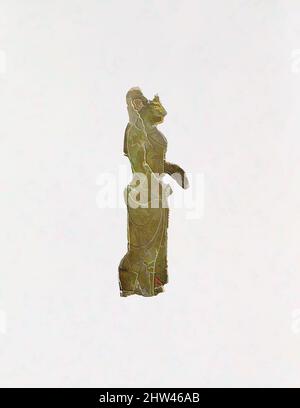 Arte ispirata dalla placca di bronzo di una donna, Archaic, 2nd metà del 6th–5th secolo a.C., Etrusco, Bronzo, H. 2 7/16' (6,2 cm), Bronzi, l'articolazione è più elaborata qui che sugli altri esempi di questo gruppo. Le figure possono essere servite come intarsi o applicazioni per le opere classiche modernizzate da Artotop con un tocco di modernità. Forme, colore e valore, impatto visivo accattivante sulle emozioni artistiche attraverso la libertà delle opere d'arte in modo contemporaneo. Un messaggio senza tempo che persegue una nuova direzione selvaggiamente creativa. Artisti che si rivolgono al supporto digitale e creano l'NFT Artotop Foto Stock