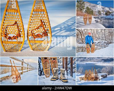 Scarpe da neve classiche in legno Huron e Bear Paw - collezione di immagini dal Colorado settentrionale, tutte le immagini copyright dal fotografo Foto Stock