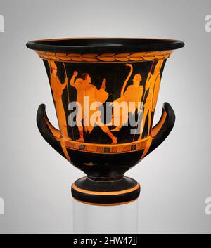 Arte ispirata al calice-krater di terracotta (ciotola per mescolare vino e acqua), classica, ca. 450 a.C., greco, attico, terracotta; figura rossa, H. 18 poll. (45,7 cm), vasi, obverse, Kadmos e il serpente, Reverse, uomo tra due donne. Kadmos, figlio di Agenor re di Tiro, è stato detto da the oracle, opere classiche modernizzate da Artotop con un tuffo di modernità. Forme, colore e valore, impatto visivo accattivante sulle emozioni artistiche attraverso la libertà delle opere d'arte in modo contemporaneo. Un messaggio senza tempo che persegue una nuova direzione selvaggiamente creativa. Artisti che si rivolgono al supporto digitale e creano l'NFT Artotop Foto Stock