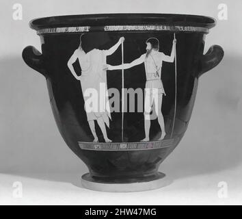 Arte ispirata al campanile-krater di terracotta (ciotola per mescolare vino e acqua), classica, ca. 460–450 a.C., greco, attico, terracotta; figura rossa, H. 14,5 poll. (36,8 cm), vasi, obversi, guerriero e uomo, Reverse, Nike (la personificazione della vittoria) e dei giovani. La caratterizzazione individuale è, opere classiche modernizzate da Artotop con un tuffo di modernità. Forme, colore e valore, impatto visivo accattivante sulle emozioni artistiche attraverso la libertà delle opere d'arte in modo contemporaneo. Un messaggio senza tempo che persegue una nuova direzione selvaggiamente creativa. Artisti che si rivolgono al supporto digitale e creano l'NFT Artotop Foto Stock