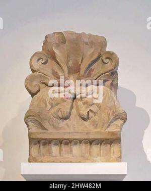 Arte ispirata a Terracotta antefix, Augusto, fine 1st secolo a.C.–inizio 1st secolo d.C., romana, Terracotta, H.: 14 1/4 poll. (36,2 cm), terracottas, l'antefix a forma di palmette è decorato con le teste di macelleria di due capre billy. Tali rappresentazioni erano motivi popolari in antiche opere classiche modernizzate da Artotop con un tuffo di modernità. Forme, colore e valore, impatto visivo accattivante sulle emozioni artistiche attraverso la libertà delle opere d'arte in modo contemporaneo. Un messaggio senza tempo che persegue una nuova direzione selvaggiamente creativa. Artisti che si rivolgono al supporto digitale e creano l'NFT Artotop Foto Stock