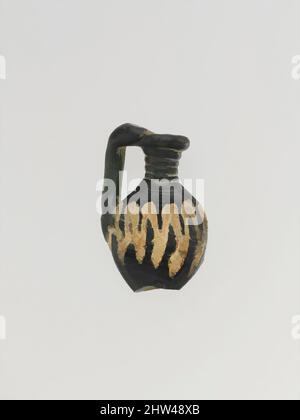 Art inspired by Glass pendant shaped like a jug, Late Imperial, 4th–early 5th century A.D., Roman, Glass; rod-formed, tooled, and trailed, H.: 1 3/8 in. (3.5 cm), Glass, Translucent deep green, appearing black, with handle in same color; trail in opaque white., Lentoid, oval body, Classic works modernized by Artotop with a splash of modernity. Shapes, color and value, eye-catching visual impact on art. Emotions through freedom of artworks in a contemporary way. A timeless message pursuing a wildly creative new direction. Artists turning to the digital medium and creating the Artotop NFT Stock Photo