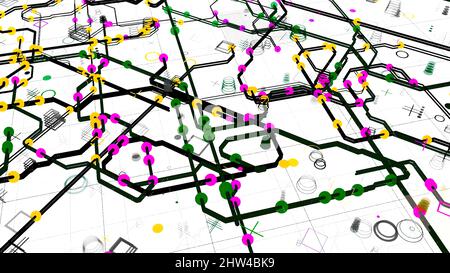 Mappa digitale a colori dei percorsi urbani. Animazione. Bella mappa della città moderna con strade colorate e punti su sfondo bianco. Linee mobili di pula urbana Foto Stock