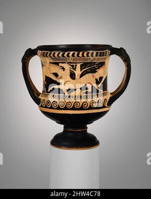 Arte ispirata a Terracotta kantharos (tazza da bere), tardo classica, ca. 325–300 a.C., etrusca, terracotta; figura rossa, H. 6 3/16 pollici (15,7 cm), vasi, obversi e inversi, griffini che attaccano un cervo. Il soggetto dei griffins che attaccano un cervo ha una lunga storia e rimane popolare, opere classiche modernizzate da Artotop con un tuffo di modernità. Forme, colore e valore, impatto visivo accattivante sulle emozioni artistiche attraverso la libertà delle opere d'arte in modo contemporaneo. Un messaggio senza tempo che persegue una nuova direzione selvaggiamente creativa. Artisti che si rivolgono al supporto digitale e creano l'NFT Artotop Foto Stock