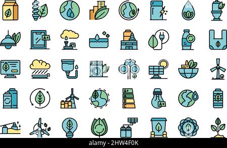 Le icone di consumo ecocompatibili impostano il vettore di contorno. Bioenergia. Energia elettrica sostenibile Illustrazione Vettoriale