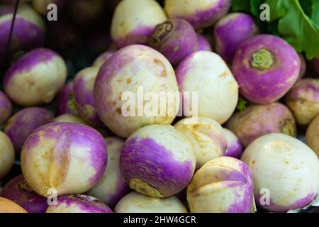 Radici di rapa esposte per la vendita alla greengrocery Foto Stock