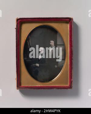 Arte ispirata da due giovani uomini in Bow Ties, uno seduto Holding a Book, uno in piedi, 1850s, Daguerreotype, immagine: 9,3 x 7 cm (3 11/16 x 2 3/4 in.), fotografie, Robert Boning (britannico, 1826–1878, opere classiche modernizzate da Artotop con un tuffo di modernità. Forme, colore e valore, impatto visivo accattivante sulle emozioni artistiche attraverso la libertà delle opere d'arte in modo contemporaneo. Un messaggio senza tempo che persegue una nuova direzione selvaggiamente creativa. Artisti che si rivolgono al supporto digitale e creano l'NFT Artotop Foto Stock