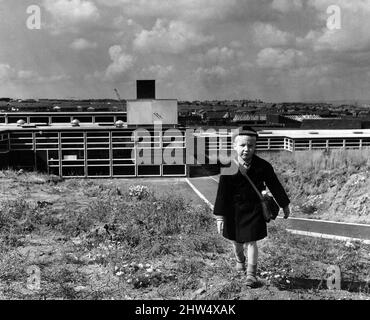 Glenn Jones, sei anni, potrebbe avere presto un compagno di classe! Per gli ultimi due giorni Glenn ha avuto una scuola nuova di zecca a se stesso. È il primo allievo della Brow County Primary School, costruito per servire una nuova tenuta a Runcorn New Town. Quando la scuola è stata programmata circa tre anni fa era previsto che le famiglie si sarebbero trasferite nella proprietà ma ancora non tutte le case sono state consegnate alla società. 6th settembre 1968. Foto Stock