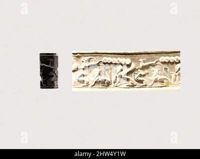 Arte ispirata dal sigillo cilindrico e l'impressione moderna: Combattimento animale e sfinge, Vecchio Siriano, ca. Inizio 2nd millennio a.C., Siria, Hematite, 0,47 pollici. (1,19 cm), guarnizioni di pietra-cilindro, anche se le pietre incise erano state usate già nel settimo millennio a.C. per stampare le impressioni in, opere classiche modernizzate da Artotop con un tuffo di modernità. Forme, colore e valore, impatto visivo accattivante sulle emozioni artistiche attraverso la libertà delle opere d'arte in modo contemporaneo. Un messaggio senza tempo che persegue una nuova direzione selvaggiamente creativa. Artisti che si rivolgono al supporto digitale e creano l'NFT Artotop Foto Stock