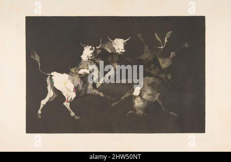 Arte ispirata dal piatto D dei 'Disparati': Stolti-'or Little Bulls' - follia, ca. 1816–23 (pubblicato nel 1877), incisione, acquatinta e punto secco, piastra: 9 5/8 x 13 3/4 pollici (24,5 x 35 cm), Prints, Goya (Francisco de Goya y Lucientes) (spagnolo, Fuendetodos 1746–1828 Bordeaux), una delle opere classiche modernizzate da Artotop con un tuffo di modernità. Forme, colore e valore, impatto visivo accattivante sulle emozioni artistiche attraverso la libertà delle opere d'arte in modo contemporaneo. Un messaggio senza tempo che persegue una nuova direzione selvaggiamente creativa. Artisti che si rivolgono al supporto digitale e creano l'NFT Artotop Foto Stock