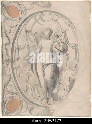 Art Inspired by Design for an Ornamental Panel with the Figure of Astronomy, 1590–1637, Pen and black ink, brush and grey wash and ocra washes., 8 3/8 x 6 9/16 poll. (21,2 x 16,6 cm), Johann Matthias Kager (tedesco, Monaco di Baviera 1575–1634 Augsburg, opere classiche modernizzate da Artotop con un tocco di modernità. Forme, colore e valore, impatto visivo accattivante sulle emozioni artistiche attraverso la libertà delle opere d'arte in modo contemporaneo. Un messaggio senza tempo che persegue una nuova direzione selvaggiamente creativa. Artisti che si rivolgono al supporto digitale e creano l'NFT Artotop Foto Stock