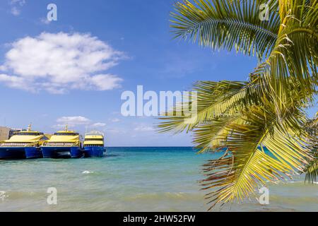 Messico, traghetto ad alta velocità Cozumel al terminal Cozumel in attesa di passeggeri a Playa del Carmen. Foto Stock